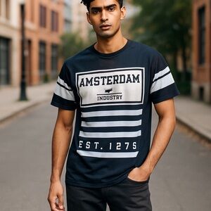 Black Streetwear Graphic Tee w/ Zip Hem | Size L Rare Amsterdam Industry design